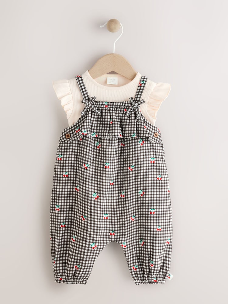 Black/White Gingham Cherry Baby Short Sleeve Bodysuit and Dungaree Set (0mths-2yrs) - Image 1 of 10