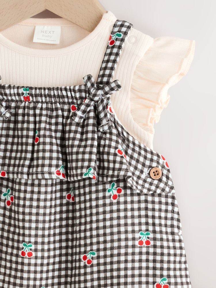 Black/White Gingham Cherry Baby Short Sleeve Bodysuit and Dungaree Set (0mths-2yrs) - Image 4 of 10