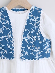 White 100% Cotton Woven Baby Broderie Dress And Denim Waistcoat Set (0mths-2yrs) - Image 8 of 11