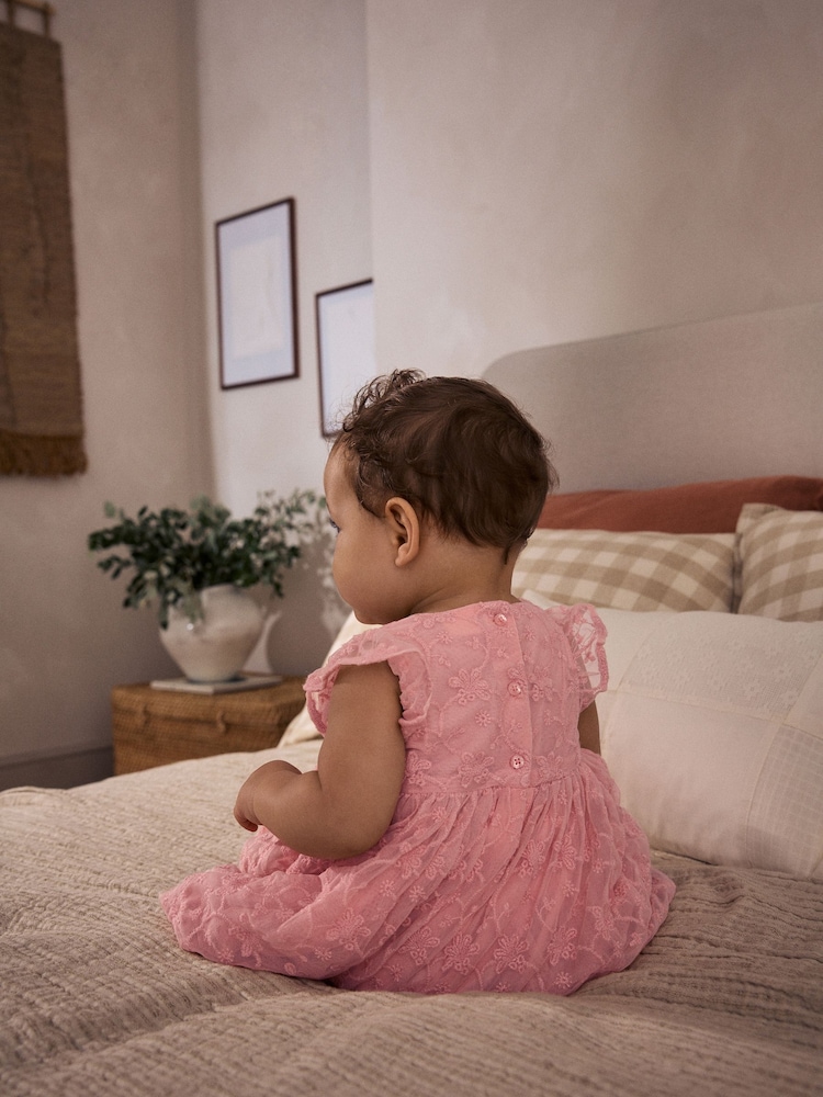 Pink Broderie Mesh Bow Baby Dress (0mths-2yrs) - Image 4 of 11