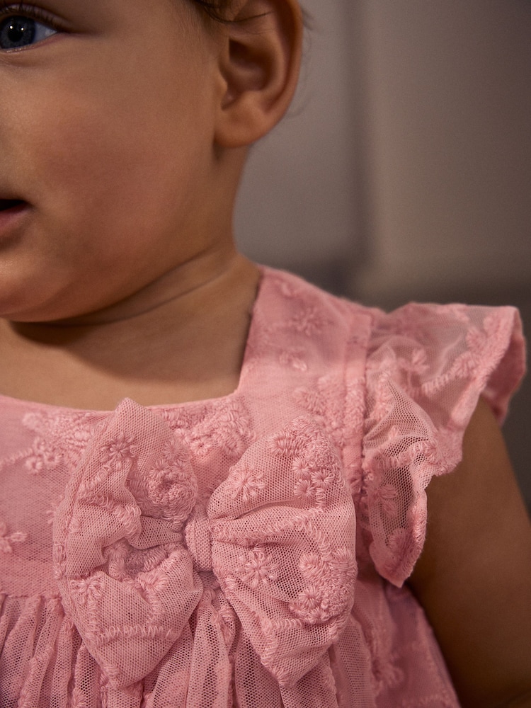 Pink Broderie Mesh Bow Baby Dress (0mths-2yrs) - Image 5 of 11
