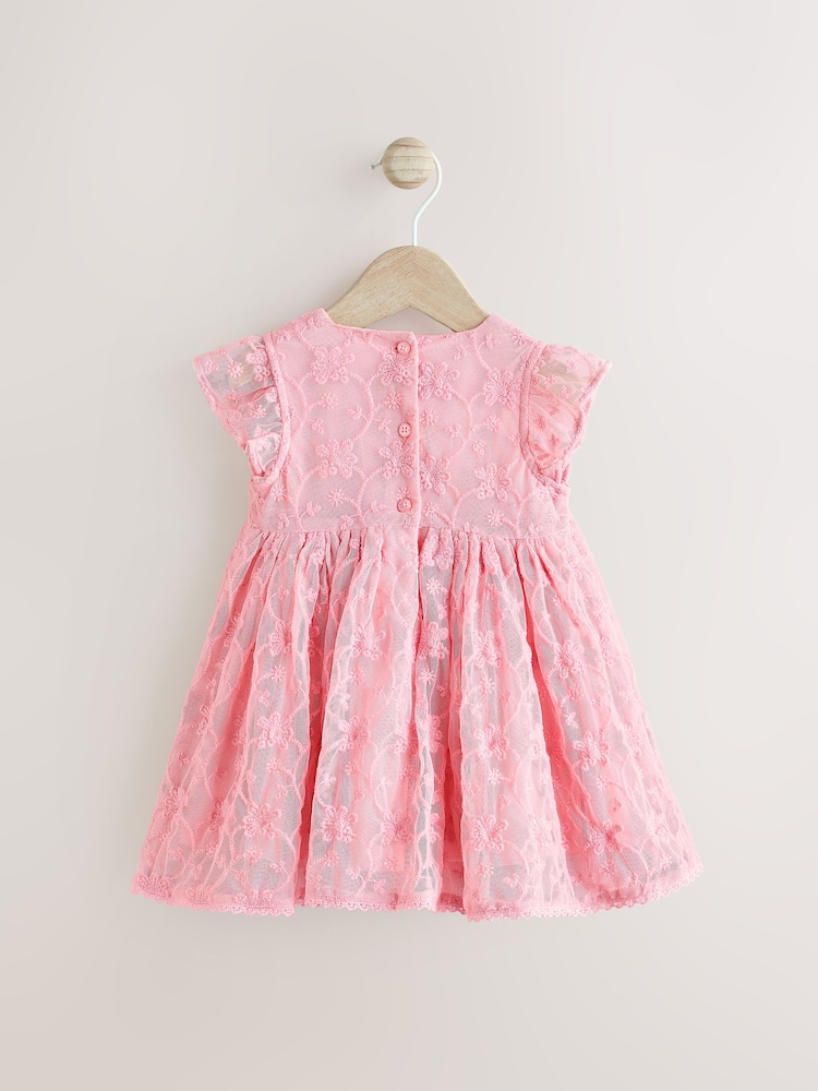 Pink Broderie Mesh Bow Baby Dress (0mths-2yrs) - Image 6 of 11