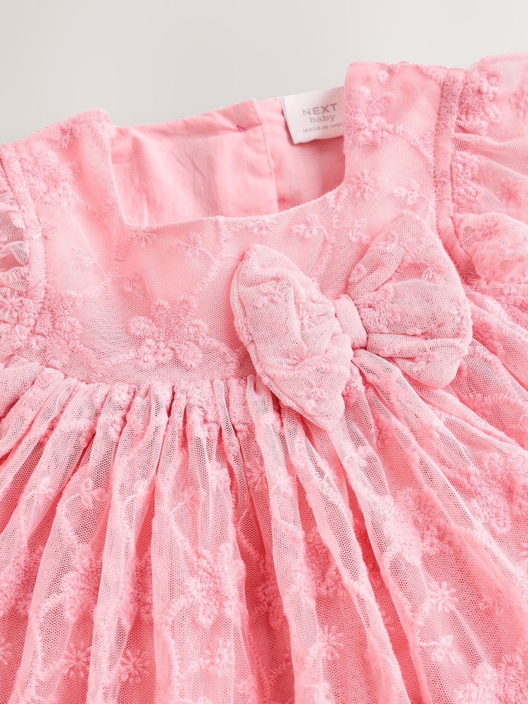 Pink Broderie Mesh Bow Baby Dress (0mths-2yrs) - Image 8 of 11