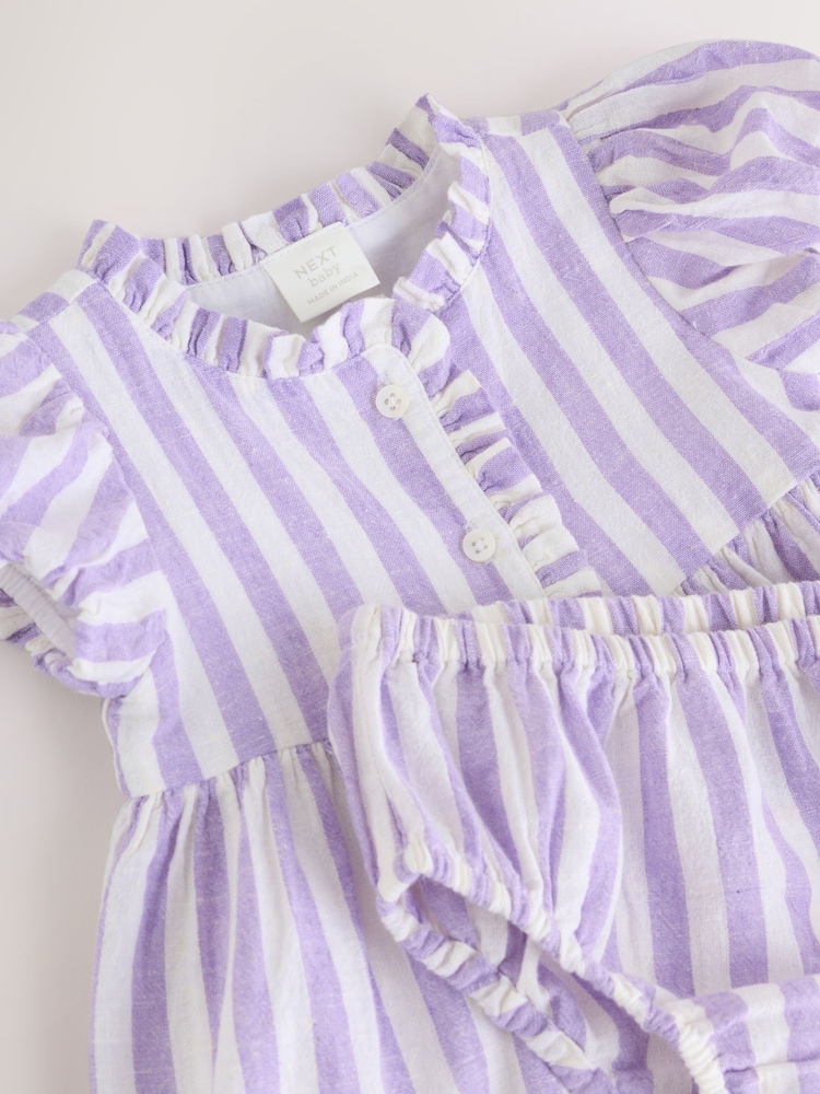 Lilac Purple/ White Stripe Baby 100% Cotton Woven Dress and Bloomer Knickers Set (0mths-2yrs) - Image 4 of 6