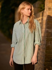 Green Stripe Relaxed Boyfriend Fit 100% Cotton Button Down Shirt - Image 1 of 7