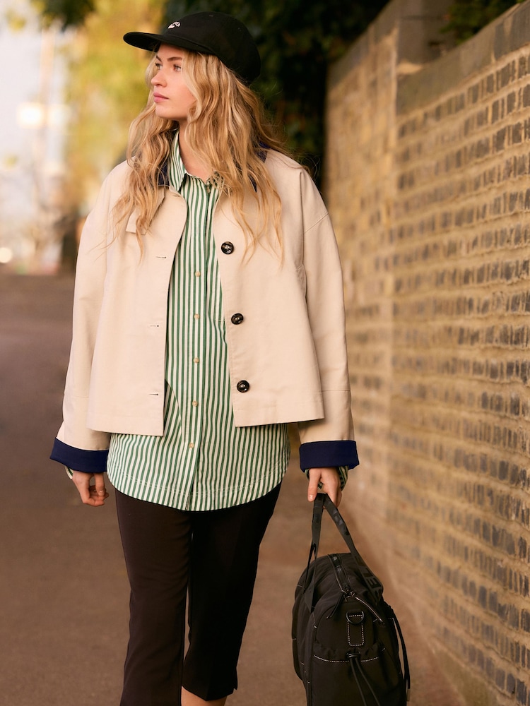 Green Stripe Relaxed Boyfriend Fit 100% Cotton Button Down Shirt - Image 2 of 7