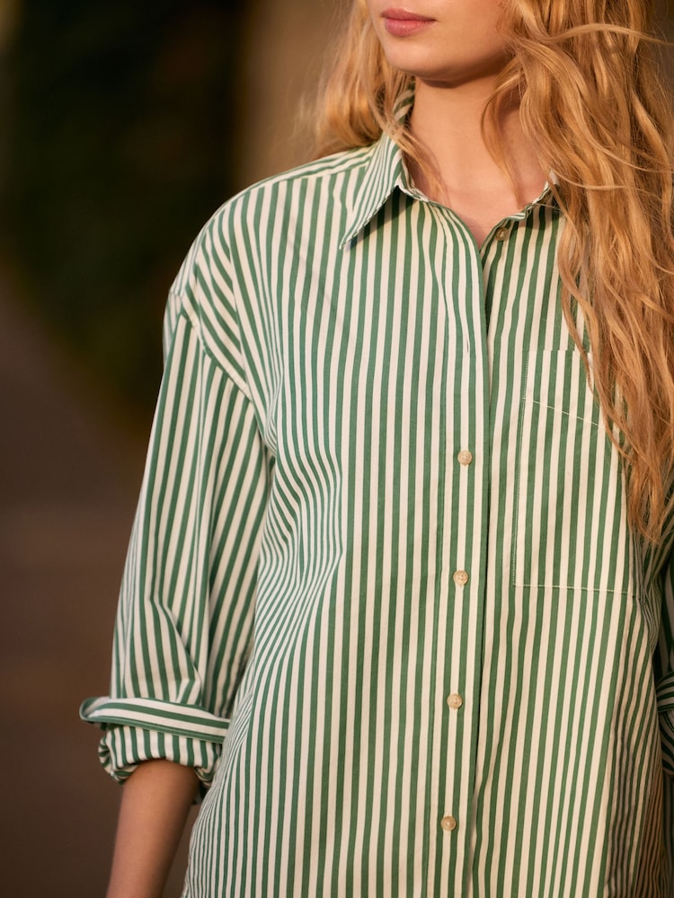 Green Stripe Relaxed Boyfriend Fit 100% Cotton Button Down Shirt - Image 4 of 7