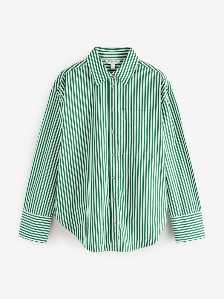 Green Stripe Relaxed Boyfriend Fit 100% Cotton Button Down Shirt - Image 5 of 7