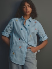 Blue/White Stripe Fruit Embroidered Long Sleeve 100% Cotton Shirt - Image 1 of 8