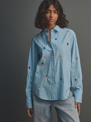 Blue/White Stripe Fruit Embroidered Long Sleeve 100% Cotton Shirt - Image 2 of 8