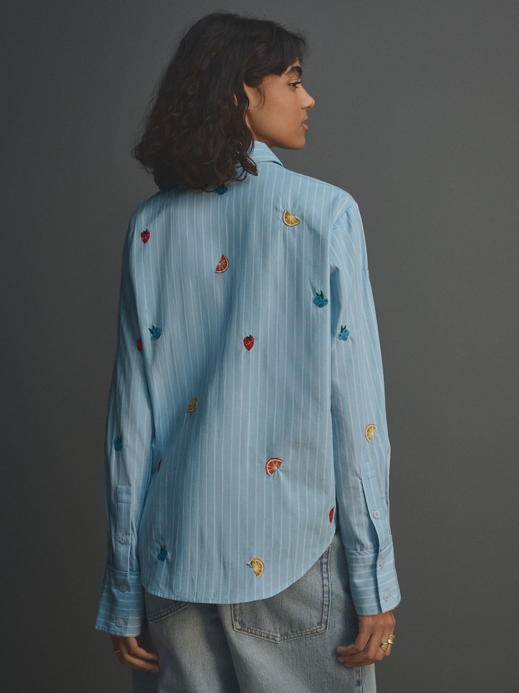 Blue/White Stripe Fruit Embroidered Long Sleeve 100% Cotton Shirt - Image 3 of 8