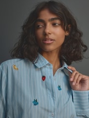 Blue/White Stripe Fruit Embroidered Long Sleeve 100% Cotton Shirt - Image 4 of 8