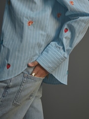 Blue/White Stripe Fruit Embroidered Long Sleeve 100% Cotton Shirt - Image 5 of 8