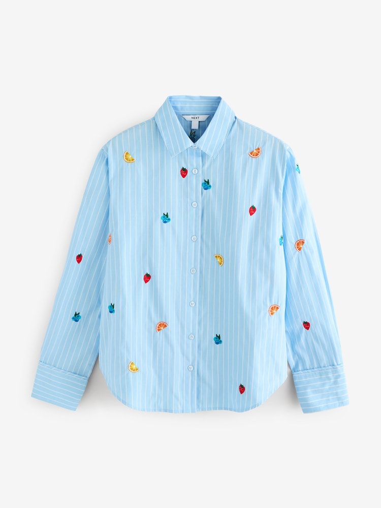 Blue/White Stripe Fruit Embroidered Long Sleeve 100% Cotton Shirt - Image 6 of 8