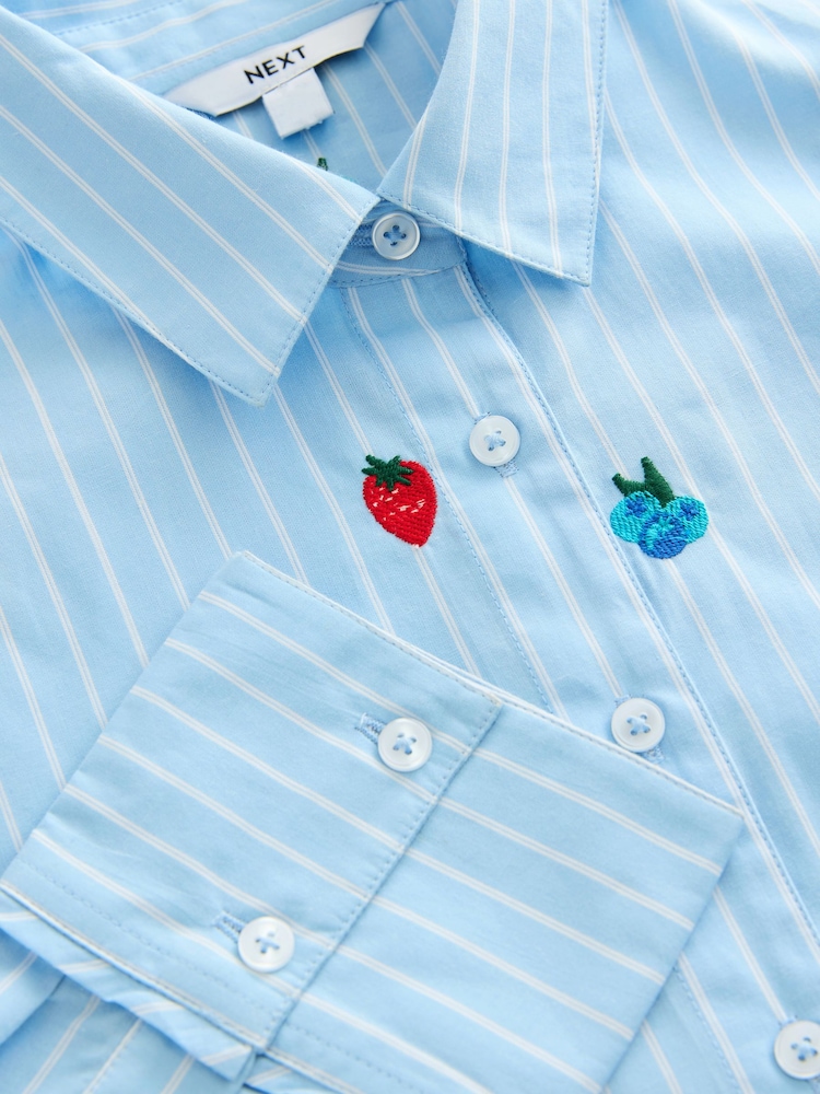 Blue/White Stripe Fruit Embroidered Long Sleeve 100% Cotton Shirt - Image 8 of 8