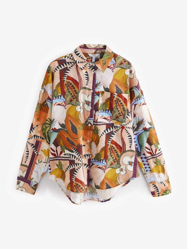Abstract Neutral Papaya Print Long Sleeve Shirt With Linen - Image 7 of 9
