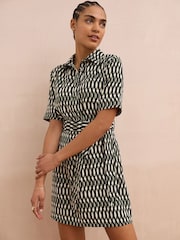 Green/Black Geo Print Short Sleeve Mini Tie Waist Shirt Dress - Image 1 of 7