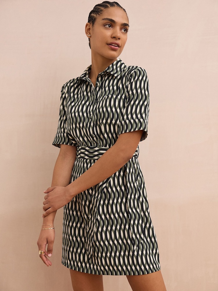 Green/Black Geo Print Short Sleeve Mini Tie Waist Shirt Dress - Image 1 of 7