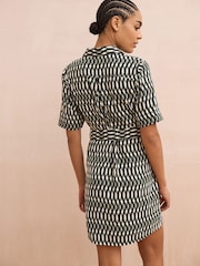 Green/Black Geo Print Short Sleeve Mini Tie Waist Shirt Dress - Image 3 of 7