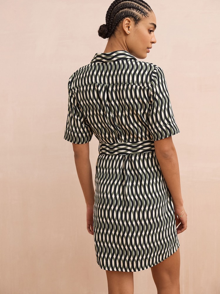 Green/Black Geo Print Short Sleeve Mini Tie Waist Shirt Dress - Image 3 of 7