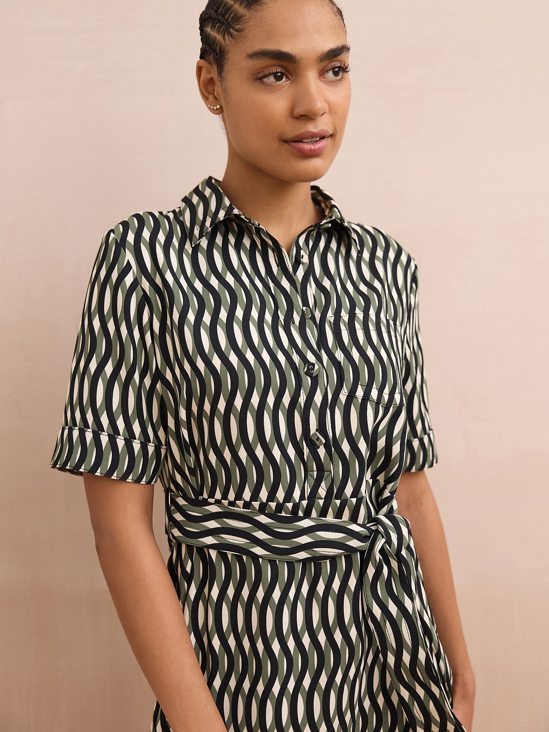 福袋 公式 Buy Shirt Waist Tie Mini Sleeve Short Print Geo Green/Black Mサイズ