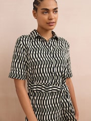 Green/Black Geo Print Short Sleeve Mini Tie Waist Shirt Dress - Image 4 of 7