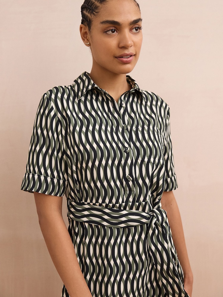 Green/Black Geo Print Short Sleeve Mini Tie Waist Shirt Dress - Image 4 of 7