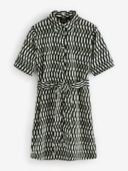Green/Black Geo Print Short Sleeve Mini Tie Waist Shirt Dress - Image 5 of 7