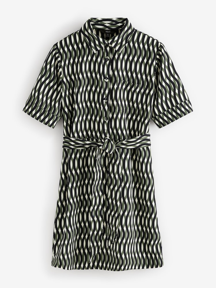 Green/Black Geo Print Short Sleeve Mini Tie Waist Shirt Dress - Image 5 of 7