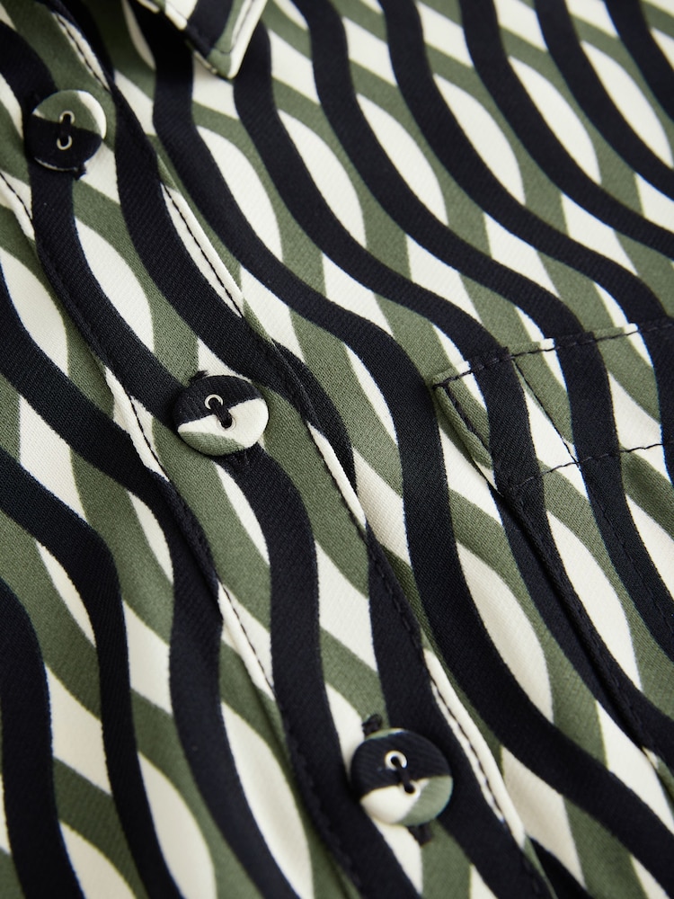 Green/Black Geo Print Short Sleeve Mini Tie Waist Shirt Dress - Image 6 of 7