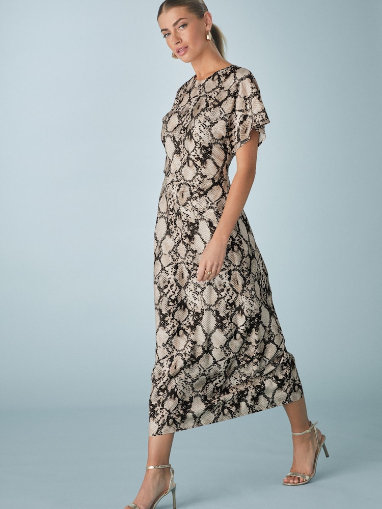 Animal Print Snake Short Sleeve Drape Detail Midi Dress - Image 1 of 8