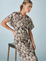 Animal Print Snake Short Sleeve Drape Detail Midi Dress - Image 3 of 8