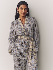 Blue/Brown Geometric Print Satin Textured Drape Kimono - Image 1 of 8