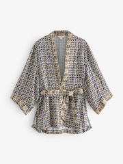 Blue/Brown Geometric Print Satin Textured Drape Kimono - Image 6 of 8