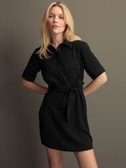 Black Short Sleeve Mini Tie Waist Shirt Dress - Image 1 of 9