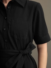 Black Short Sleeve Mini Tie Waist Shirt Dress - Image 3 of 9