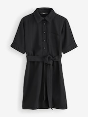 Black Short Sleeve Mini Tie Waist Shirt Dress - Image 5 of 9