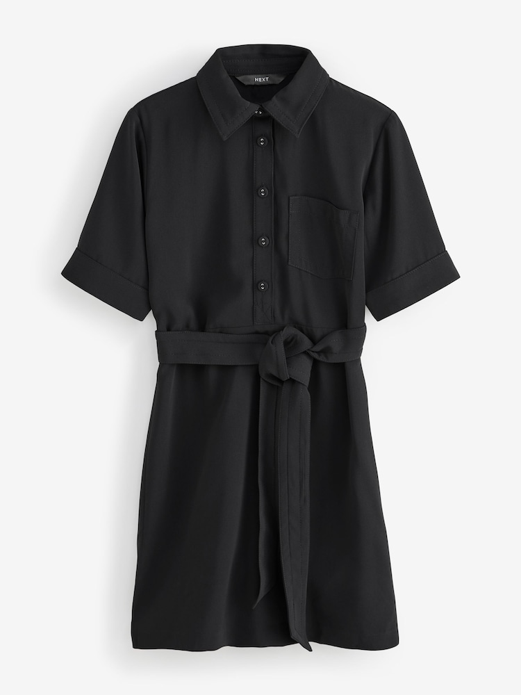 Black Short Sleeve Mini Tie Waist Shirt Dress - Image 5 of 9