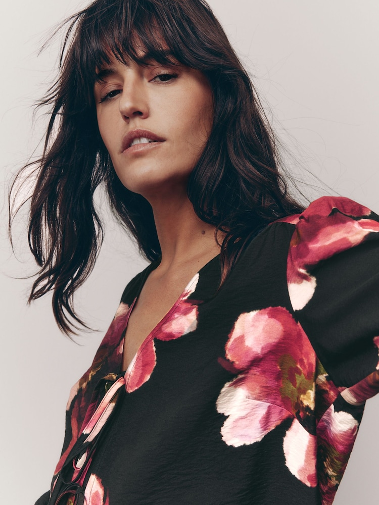 Pink Floral Print Tie Front Long Sleeve Blouse - Image 3 of 8
