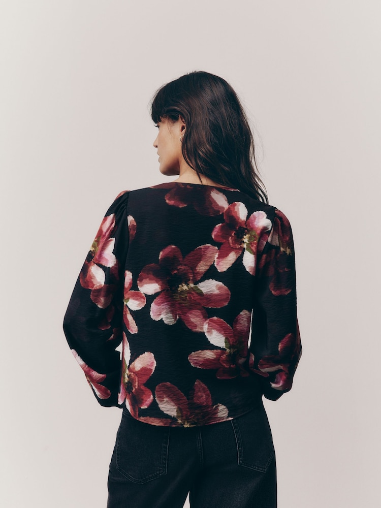 Pink Floral Print Tie Front Long Sleeve Blouse - Image 4 of 8