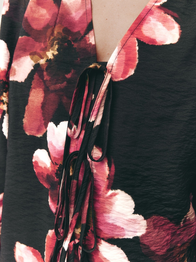 Pink Floral Print Tie Front Long Sleeve Blouse - Image 5 of 8