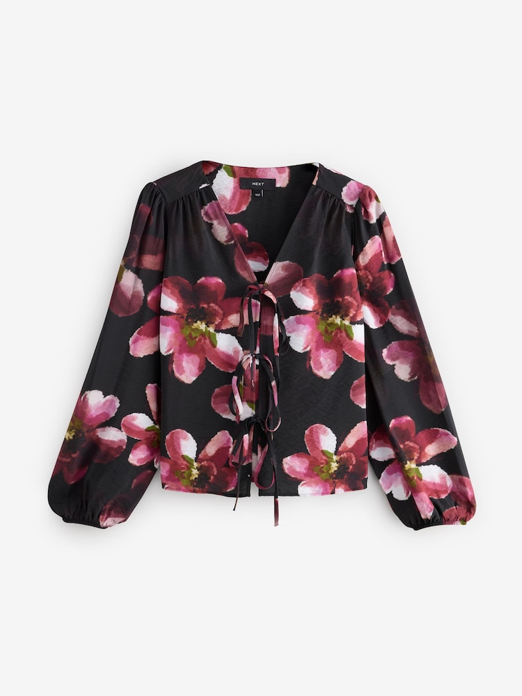 Pink Floral Print Tie Front Long Sleeve Blouse - Image 6 of 8