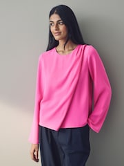 Pink Asymmetric Drape Long Sleeve Top - Image 1 of 8