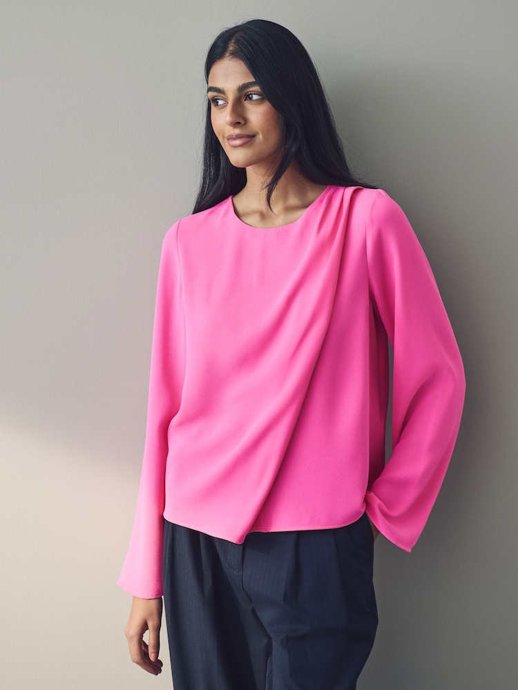Pink Asymmetric Drape Long Sleeve Top - Image 1 of 8