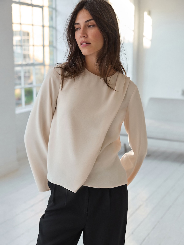 Crème - Top asymétrique drapé Manches longues - Image 1 de 9