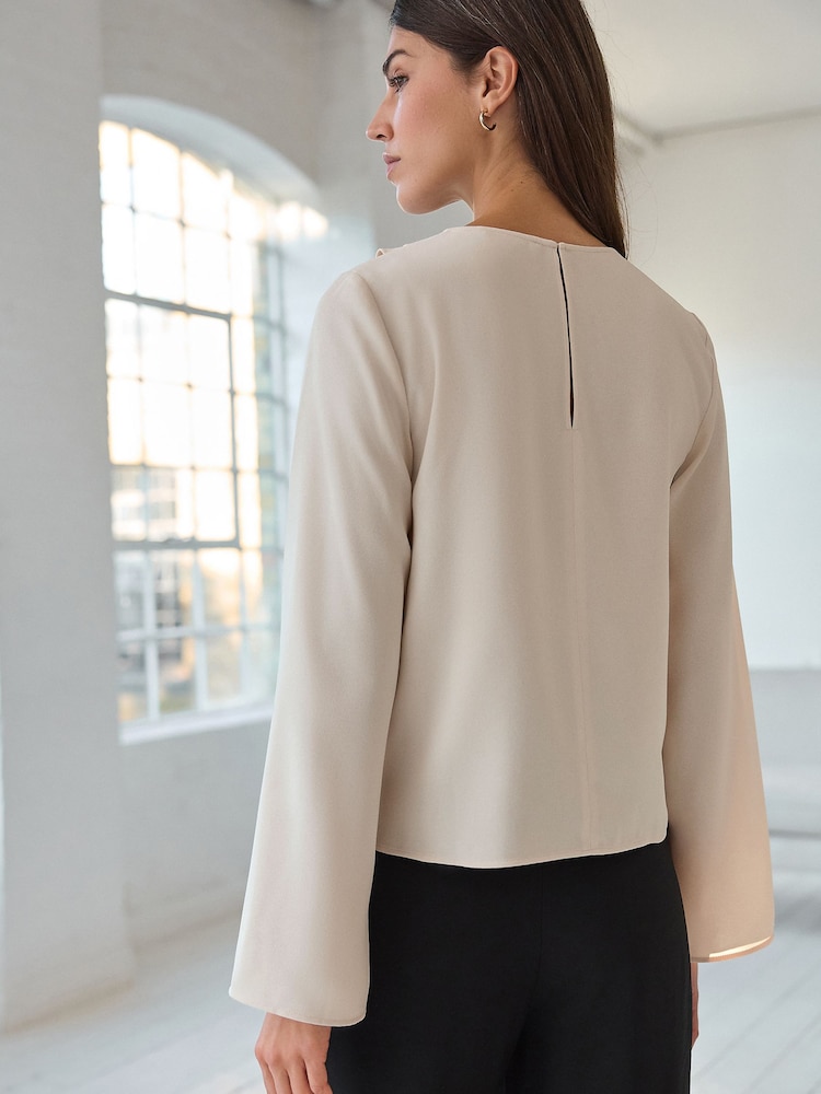 Cream Asymmetric Drape Long Sleeve Top - Image 5 of 9