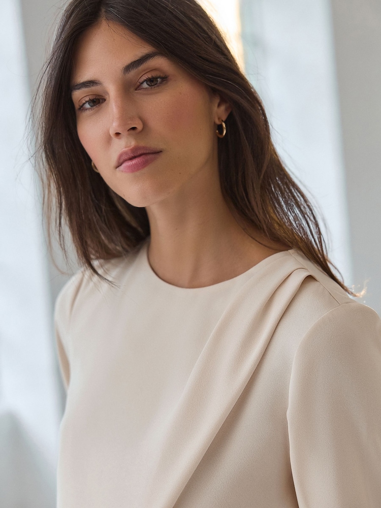 Cream Asymmetric Drape Long Sleeve Top - Image 6 of 9