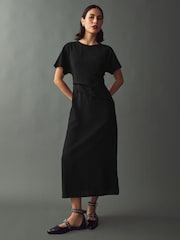 Black Textured Short Sleeve Drape Detail Midi Dress - Image 1 of 8