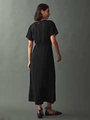 Black Textured Short Sleeve Drape Detail Midi Dress - Image 2 of 8