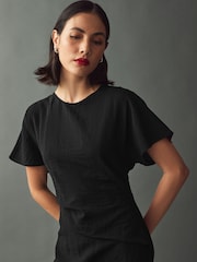 Black Textured Short Sleeve Drape Detail Midi Dress - Image 3 of 8